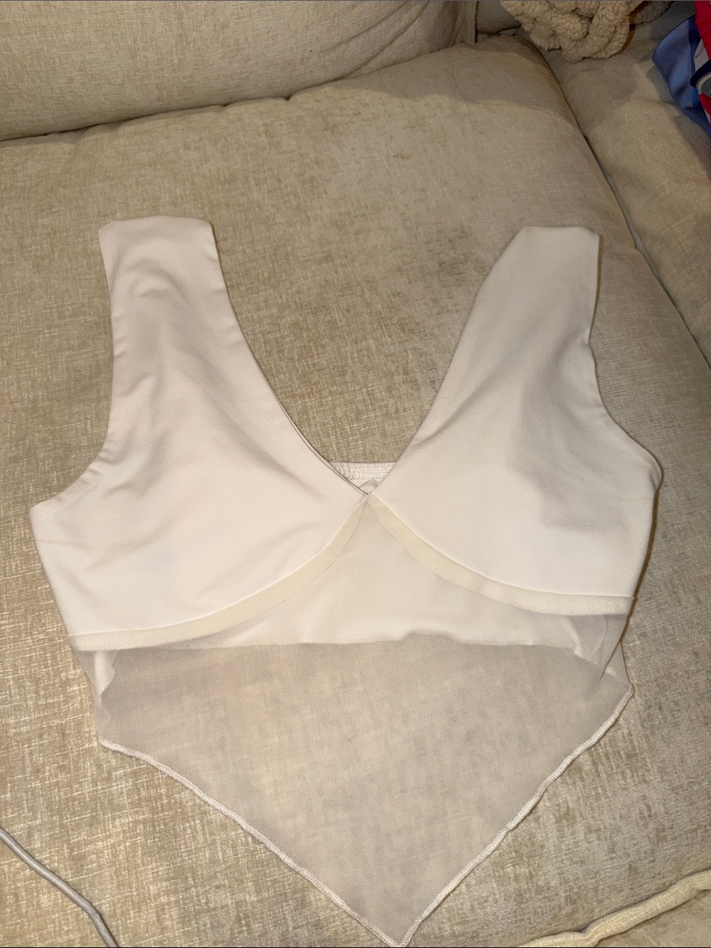 SHEIN White V-Neck Mesh-Hem Crop Top
